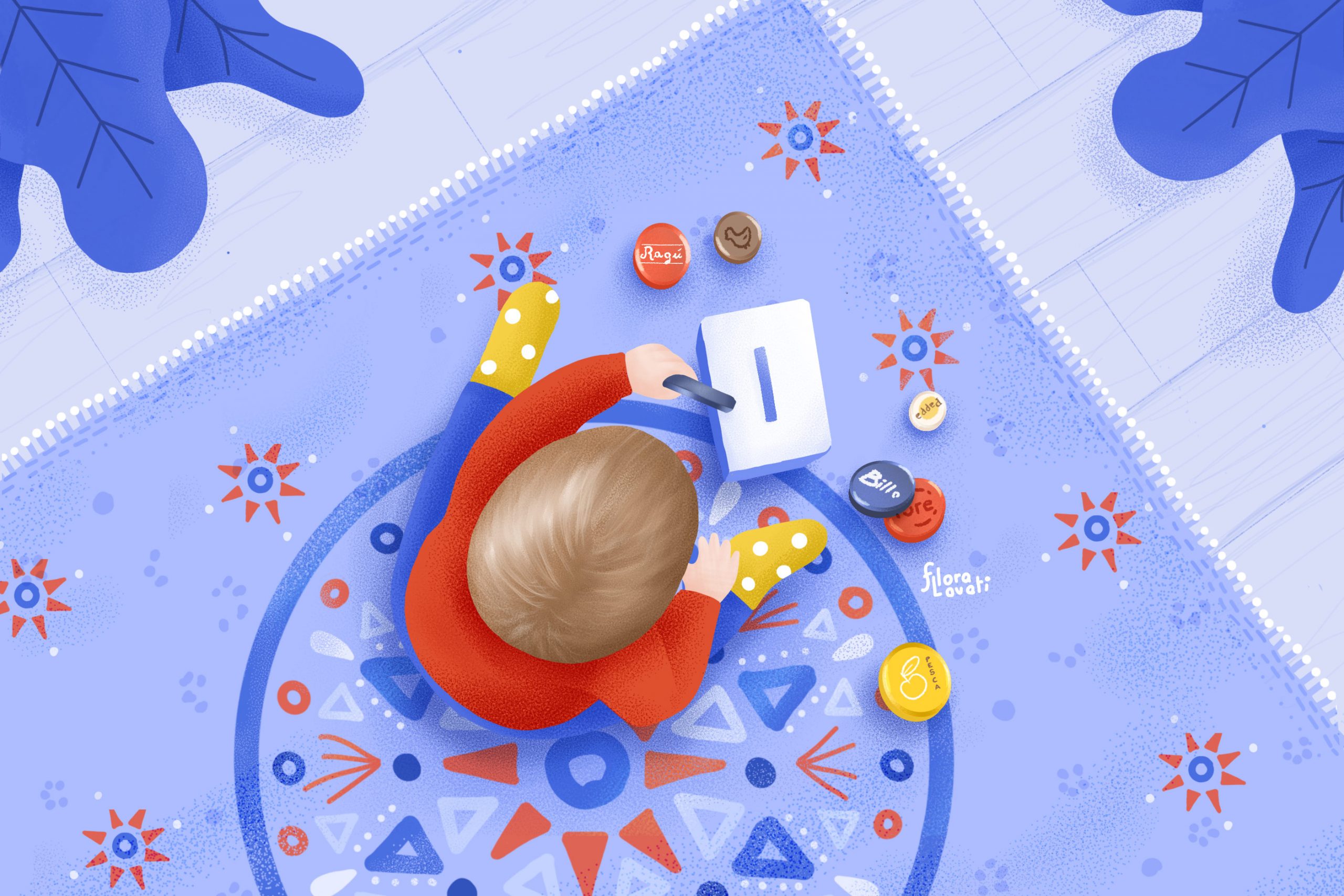 Illustrazione di un bambino seduto su un tappeto mentre gioca ad infilare i tappi di barattoli nella fessura di una scatola di cartone.