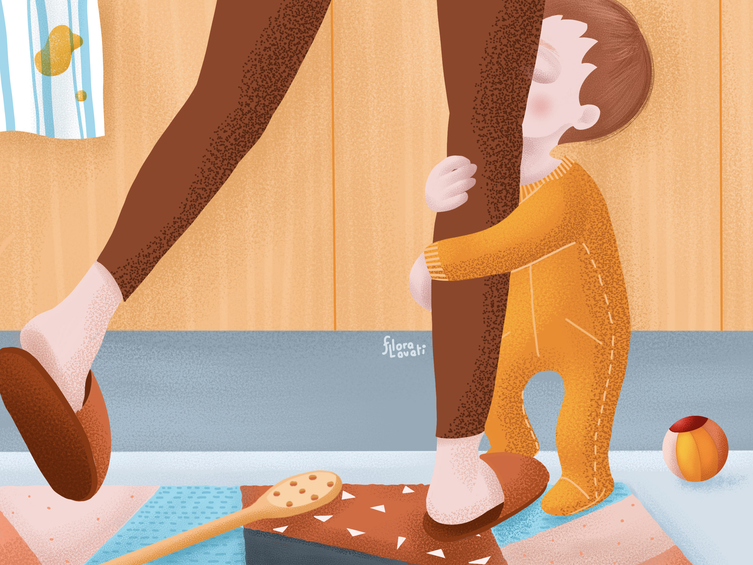 Illustrazione di un bambino che abbraccia la gamba della mamma mentre cucina.