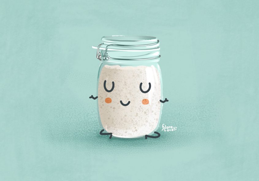 Illustrazione di un barattolo di lievito madre a gambe incrociate che fa meditazione.