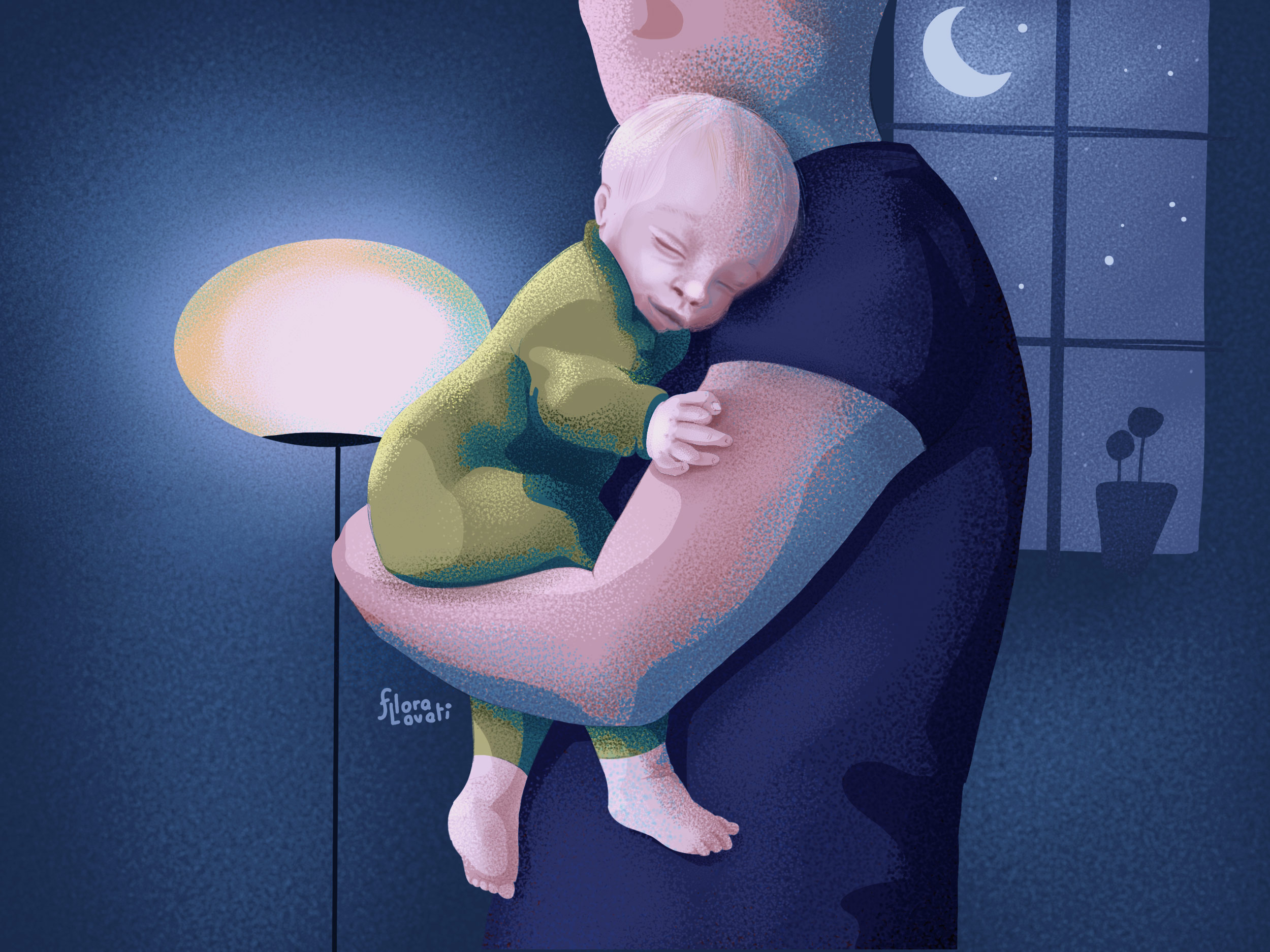 Illustrazione di un papà che tiene in braccio il suo bambino, durante la notte, camminando per la stanza.