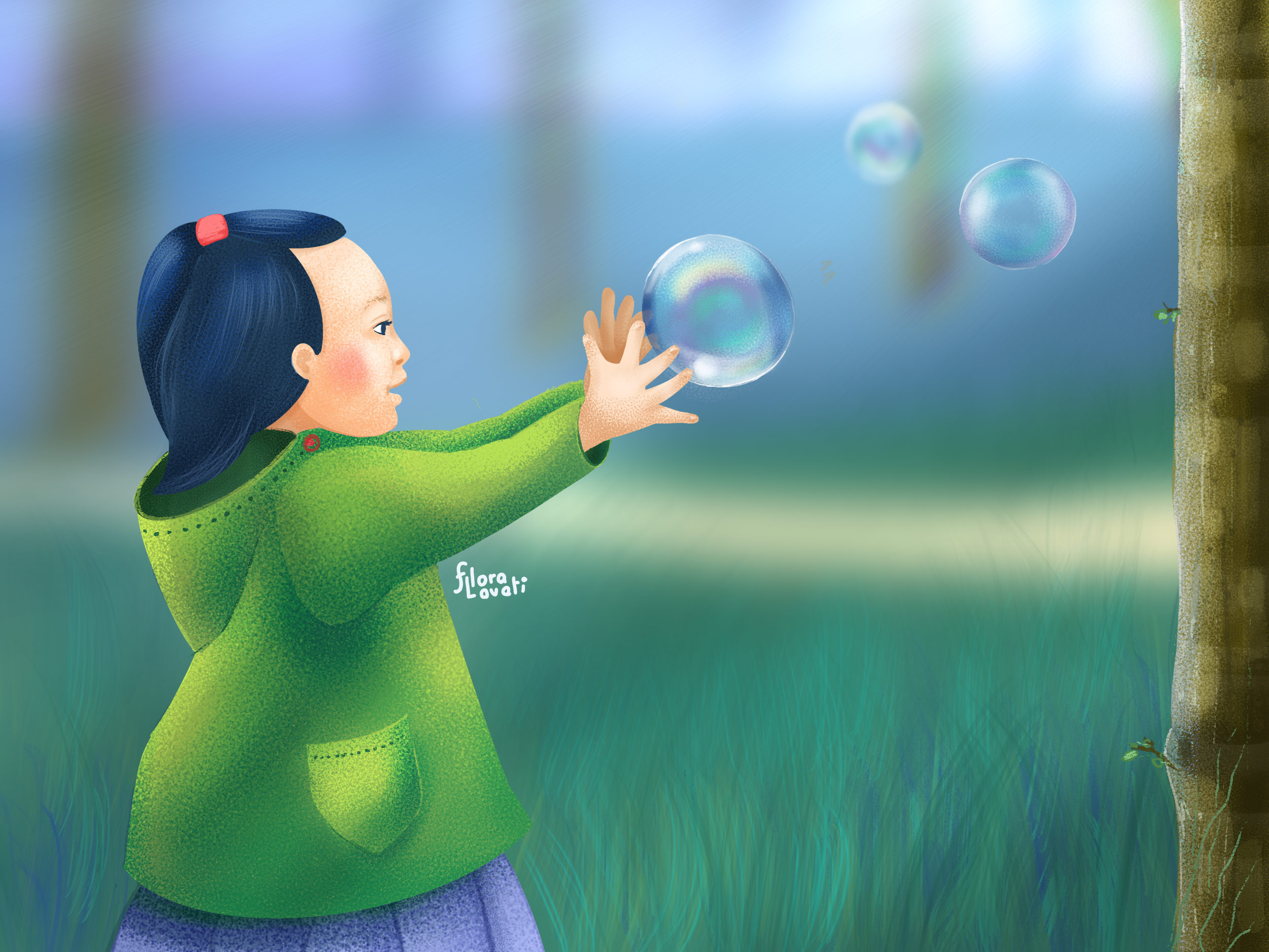 Illustrazione di una bambina al parco che insegue le bolle di sapone.