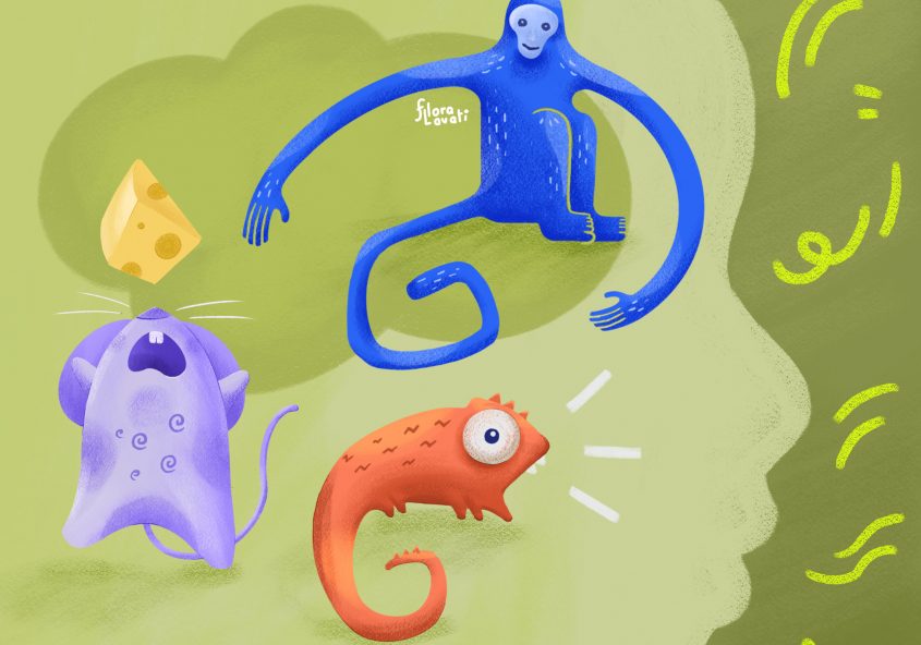 Illustrazione che rappresenta la descrizione di Rick Hanson: i tre animali nella nostra mente. La lucertola, il topo e la scimmia.