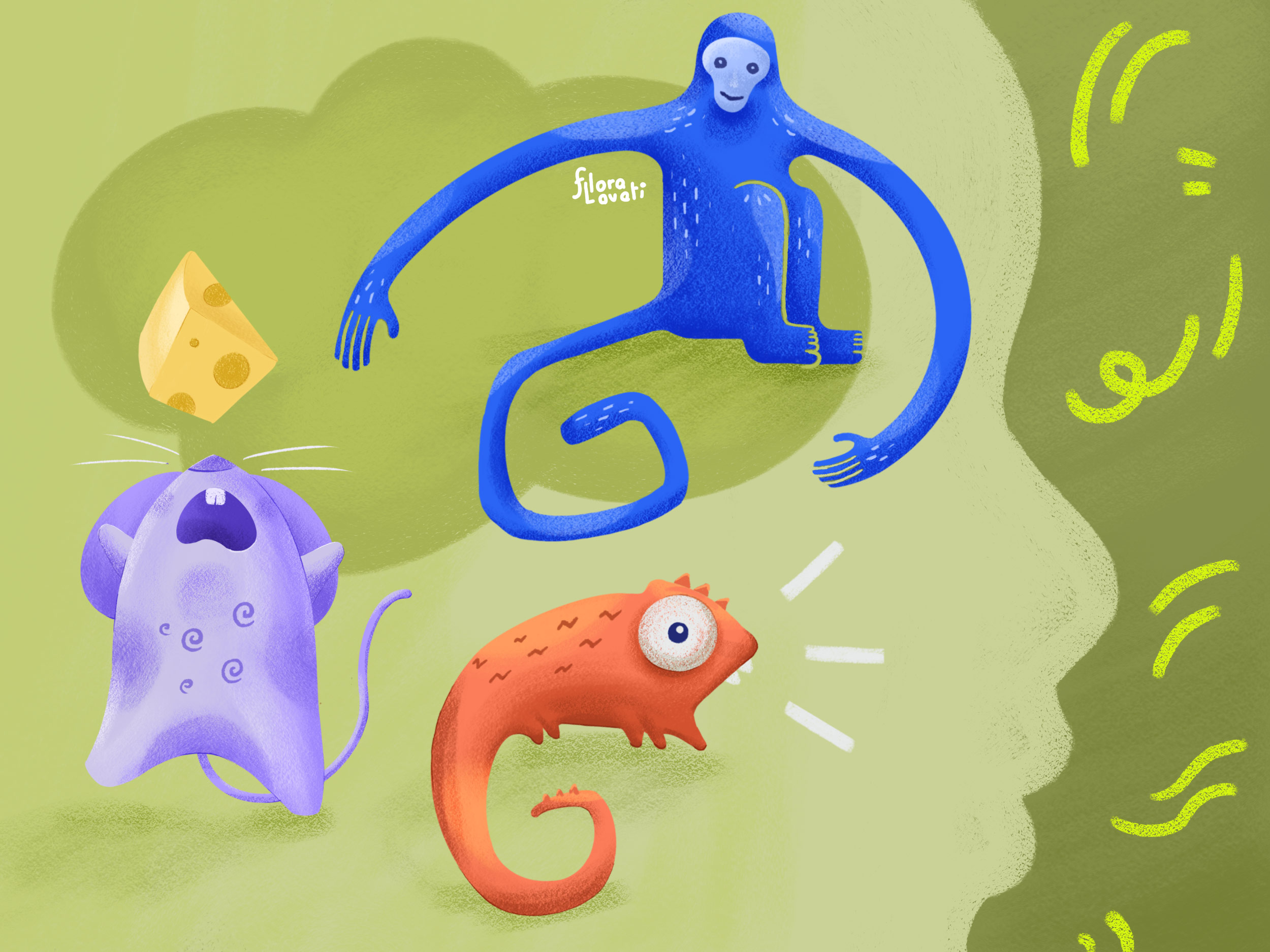 Illustrazione che rappresenta la descrizione di Rick Hanson: i tre animali nella nostra mente. La lucertola, il topo e la scimmia.