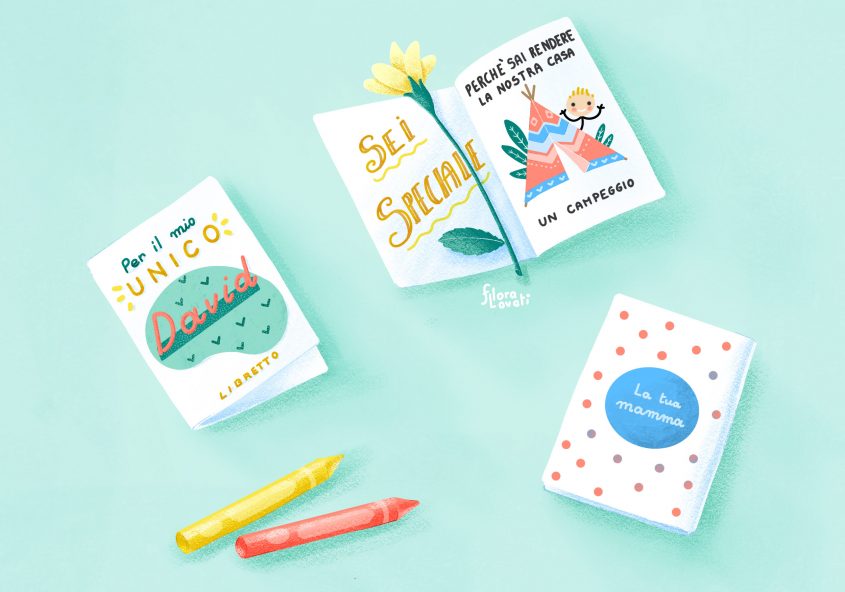 Illustrazione di un libretto che puoi creare per migliorare la relazione tra fratellini e far sentire unico e speciale il tuo bambino. Il libretto contiene tre caratteristiche uniche del tuo bambino ed una dedica che fa capire che per te è importante.